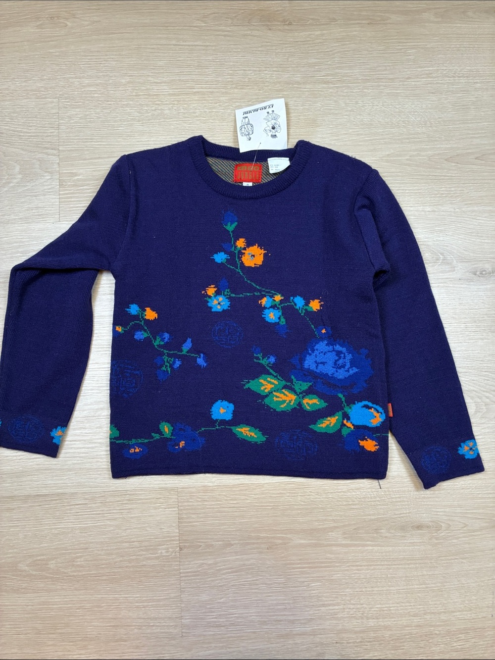 NEW Kenzo JUNGLE Navy Floral Knit Sweater with Blue Orange Accents acrylic blend